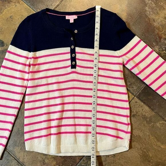 Lilly Pulitzer Long Sleeve Adair Sweater Pink White Stripe Blue Button Top Mediu - Picture 5 of 9
